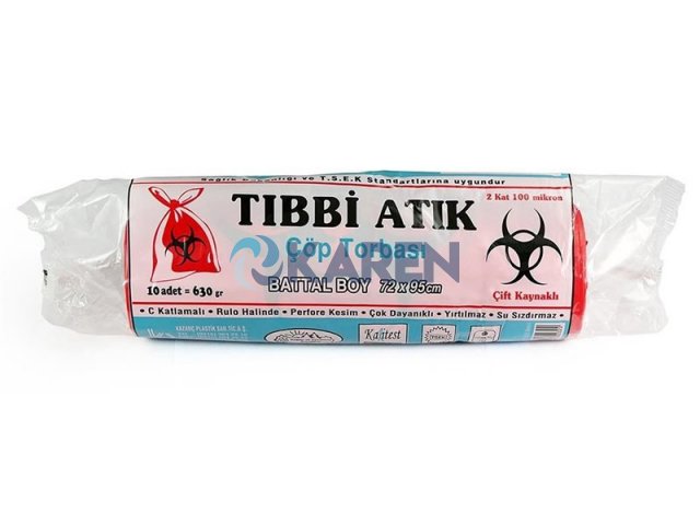 KAZANÇ TIBBİ ATIK TORBASI BATTAL 72x95 10LU 10RULO 630GR KIRMIZI